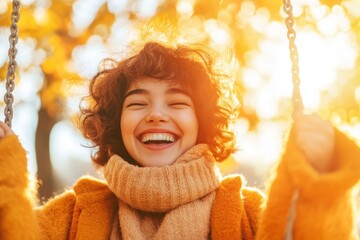 A person sitting on a park swing, smiling and chuckling as they sway back and forth, enjoying a playful moment