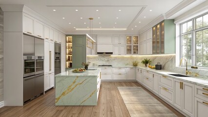Luxury Kitchen Design White and Sage Green Cabinets, Marble Island, 3D Render, Gold Accents Keywords kitchen design, 3D rendering