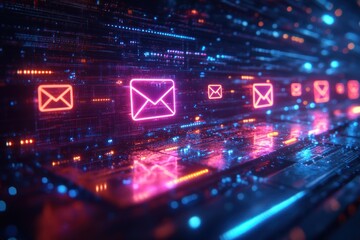 Futuristic digital landscape glowing neon email icons cyberpunk exchange folders data transfer backup