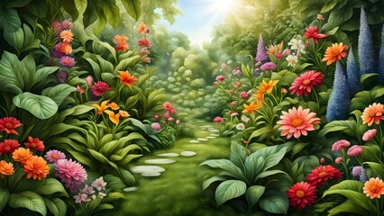 Enchanted garden path winding through lush greenery and vibrant blooming flowers under a sunlit sky.