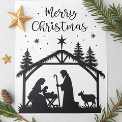 Merry Christmas Nativity Silhouette Black and White Paper Cut Art, Christmas Card, Nativity Scene, Silhouette Art, Christmas Decor Christmas card, Nativity scene