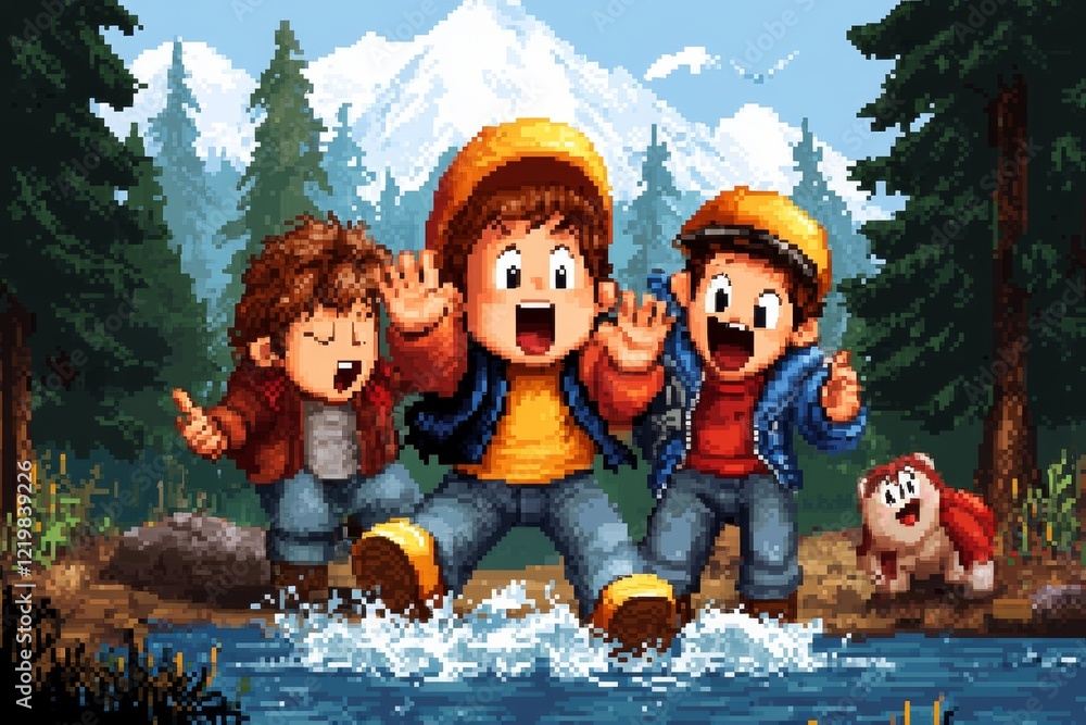 Poster A pixel art depiction of a character accidentally falling into a river in a retro RPG setting, surrounded by NPCs with shocked and laughing expressions