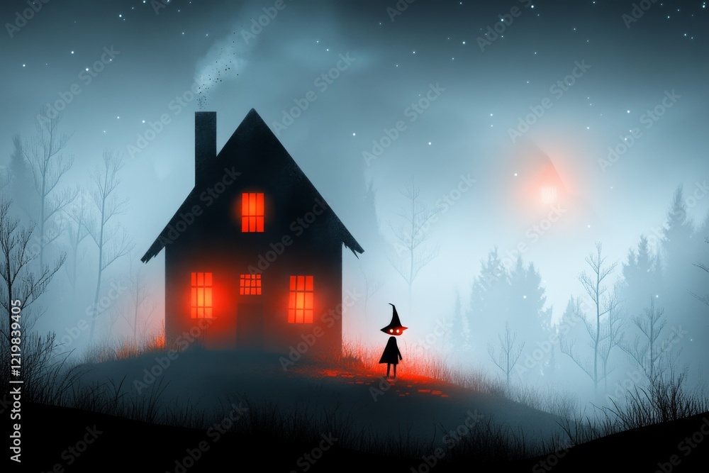 Poster A pixel art depiction of a small character standing in front of a spooky pixelated house, their nervous posture highlighted by animated sweat drops and shifting shadows