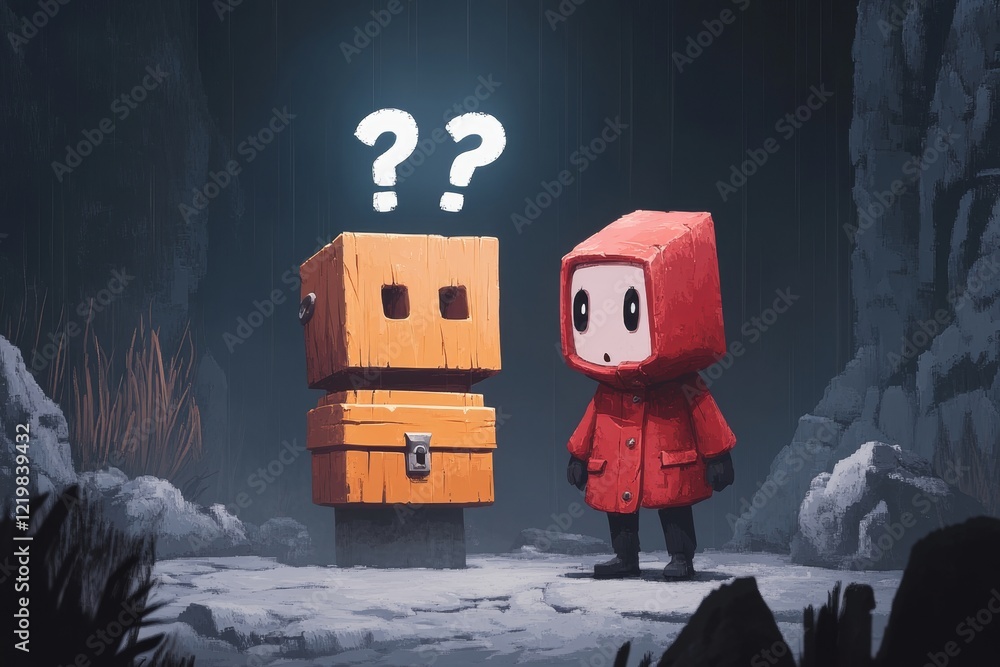 Aufkleber A pixel art depiction of a video game character standing in front of a treasure chest, shocked to find it empty, with a surprised expression and animated question marks floating above their