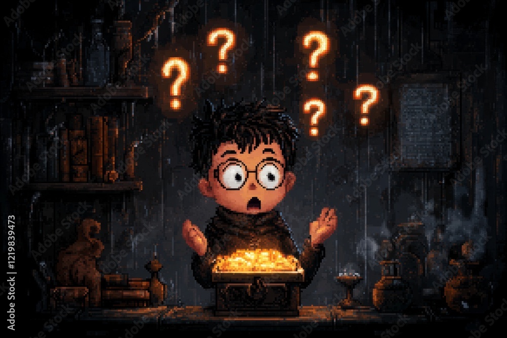 Fototapete A pixel art depiction of a video game character standing in front of a treasure chest, shocked to find it empty, with a surprised expression and animated question marks floating above their
