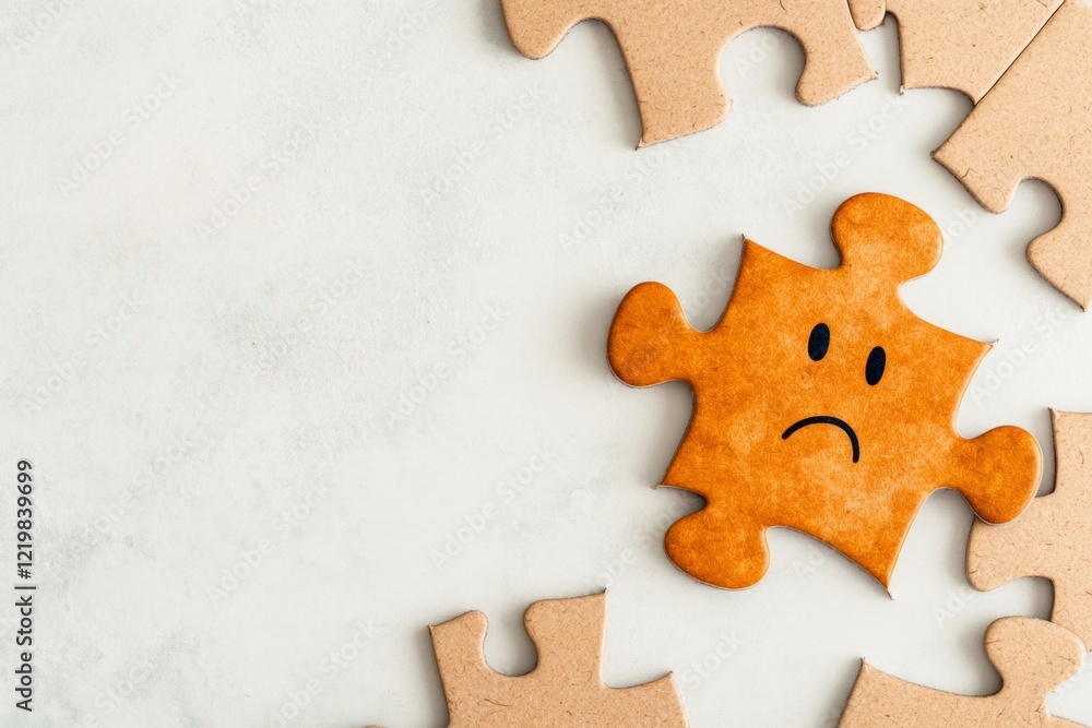 Poster a simple depiction of a puzzle piece that doesnâ€™t fit, with a confused face drawn on the piece its