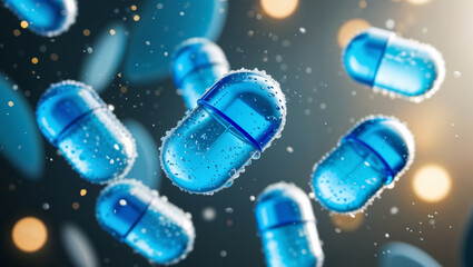 Tablets blue fall against a background with space. Background in the labolatory, bokeh