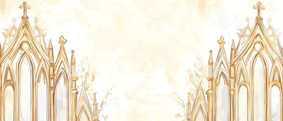 Obraz premium Watercolor architectural border with gothic cathedral details and gothic window frames on a warm ivory background