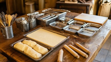 Rustic Kitchen Baking Preparation: Dough, Pans, and Utensils