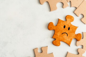 A simple depiction of a puzzle piece that doesn&acirc;&euro;&trade;t fit, with a confused face drawn on the piece itself, set against a white background