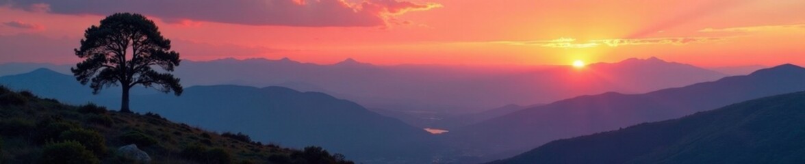 majestic mountain range at sunset with a lone tree, woodland scenery, mountain range