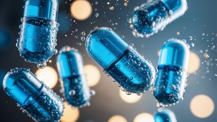 Tablets blue fall against a background with space. Background in the labolatory, bokeh