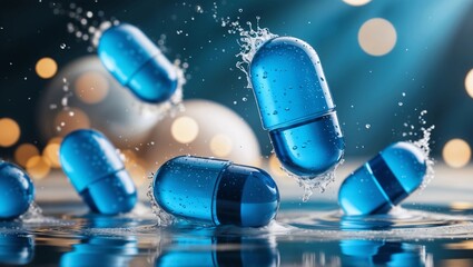 Tablets blue fall against a background with space. Background in the labolatory, bokeh
