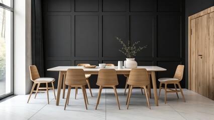 Modern Minimalist Dining Room Marble Table, Wooden Chairs, Dark Walls, Interior Design, 3D Render. Interior Design, 3D rendering