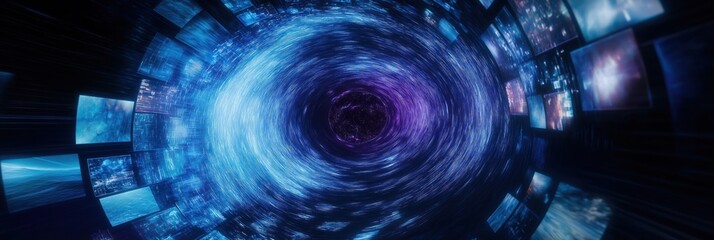 Futuristic vortex tunnel of glowing screens displays dynamic info. Immersive tech experience. Abstract digital data stream. Fast paced data flow. Intense vibrant colors. Blue, purple hues. Surreal