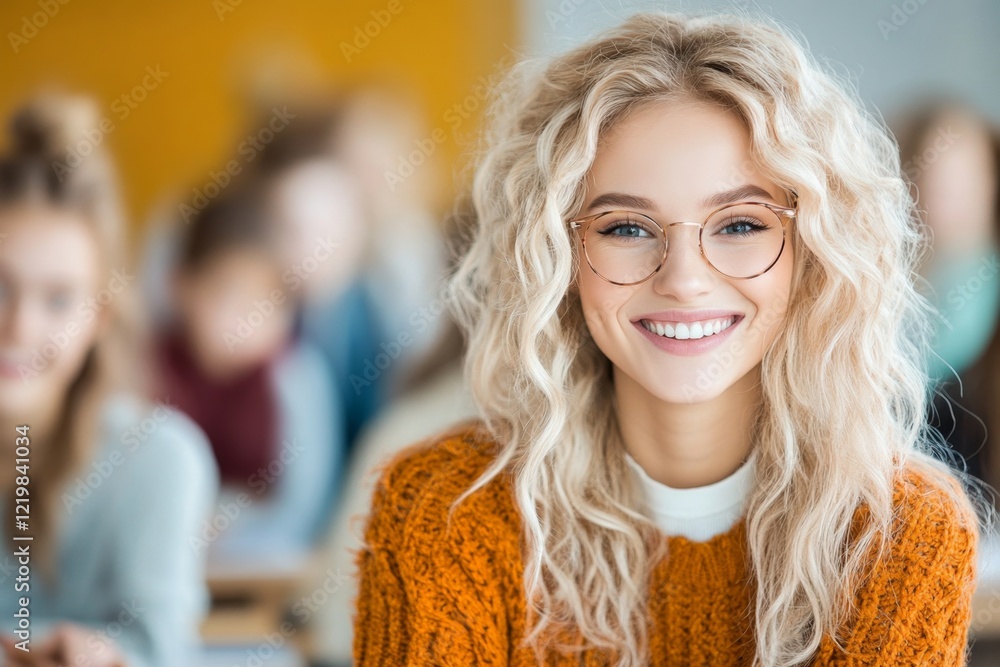 Poster a teacher in a classroom smiling warmly as students laugh at a playful joke during a lesson