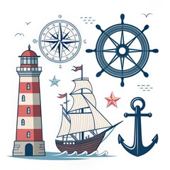 Nautical Composition Lighthouse, Ship, Compass, Wheel, Anchor, Seascape Illustration, Vector Graphic