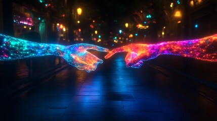 Neon Hands Reaching Night Cityscape Digital Art