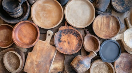 Aerial view of various handcrafted wooden bowls and plates arranged artistically on a table