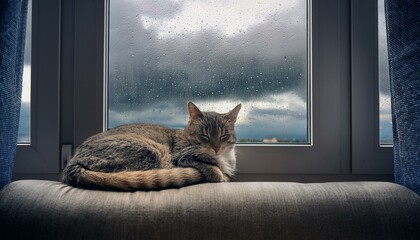 Generated image  A cat curled up on a sofa near a window, with raindrops and overcast skies in the background