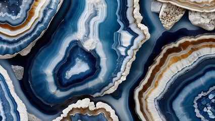 Mesmerizing abstract background displaying the intricate patterns of blue agate stones, featuring a glossy finish and natural rock texture.