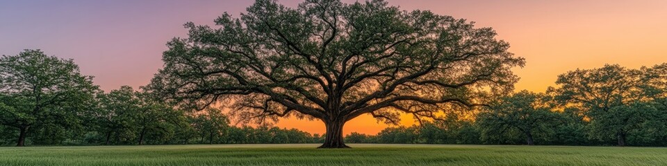 Obraz premium Majestic Oak Tree in Serene Landscape at Sunset - Expansive Green Meadow with Vibrant Orange and Purple Sky - Perfect Scene for Nature Lovers and Photography