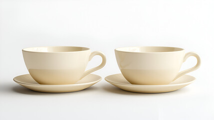 Fototapeta premium Two empty cream-colored teacups and saucers sit side-by-side on a white background. Simple, elegant tableware.