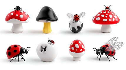 Obraz premium Whimsical Ladybugs And Mushrooms 3d Render