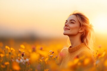 A woman kneeling in a field of wildflowers, looking upward with a peaceful, grateful expression as sunlight beams down