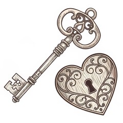 Ornate Key and Heart Lock Hand-Drawn Illustration, Vintage Style, Love Concept, Keyhole, Antique Keywords Vector, Graphic
