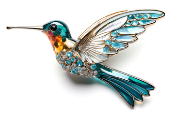 Obraz premium ガラスのハチドリのブローチ。白背景。（Glass hummingbird brooch on white background） 