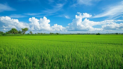 Obraz premium Rice fields under a clear blue sky with fluffy white clouds. Featuring a wide and open landscape. Highlighting the vastness and beauty of the countryside. Ideal for nature and agricultural themes.