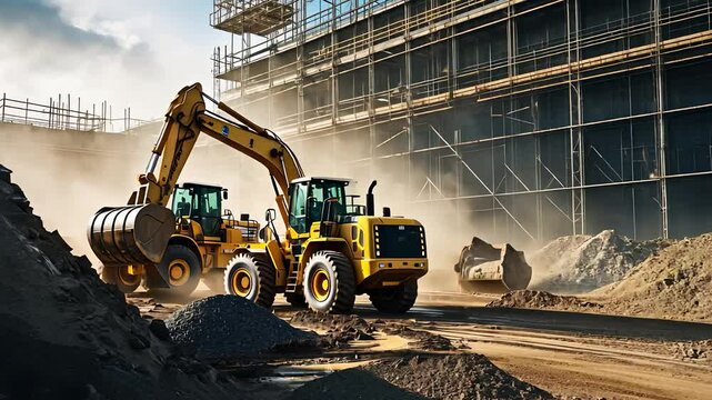 Heavy construction equipment with loaders working on a construction site surrounded by scaffolding and dust.

