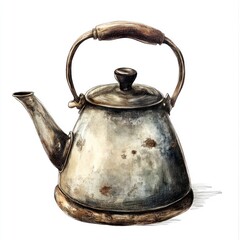 A Weathered Metal Kettle with a Wooden Handle