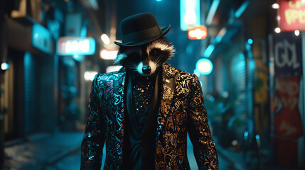 Obraz premium Stylish raccoon in a glittering suit walks through a neon-lit alleyway at night
