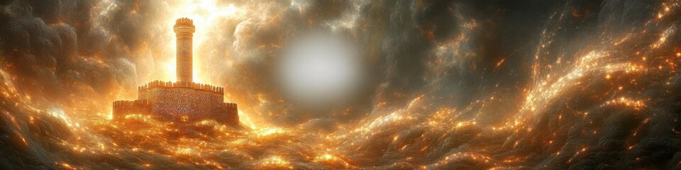Mystical Tower in Stormy Clouds with Radiant Light Sphere: Fantasy Sky Fortress, Atmospheric Cloudscape, Enigmatic Dreamscape, Ethereal Light Phenomenon Art