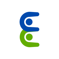 Vector logo is a person showing his head and hands. 2 people in the shape of the letter E. Flat color.