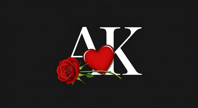 Romantic Ak Initials with Rose and Heart Design