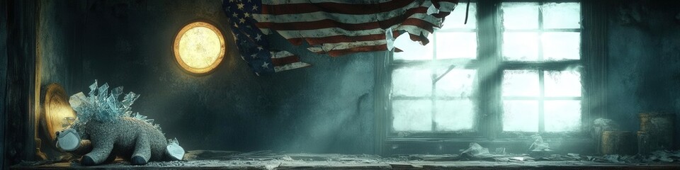 Whimsical Abandoned Room with Dinosaur Toy and Sunlit Windows Featuring Dust Particles, Old Wood Floor, and Magic for Fantasy and Adventure Photography Enthusiasts