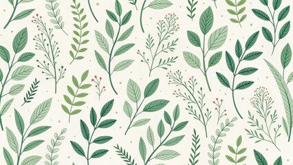 Seamless Green Botanical Illustration Floral Pattern Design, Graphic, Nature, Leaves, Branches, Cream Background Botanical illustration, pattern design
