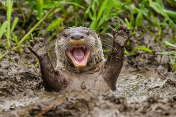 Obraz premium A Asian small-clawed otter playfully sliding down muddy riverbanks in the wetlands of Bangladesh.