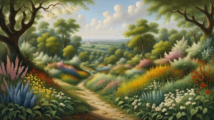 A whimsical, idyllic painting of a winding path through a vibrant, blooming garden leading to a distant village nestled in a rolling green landscape.