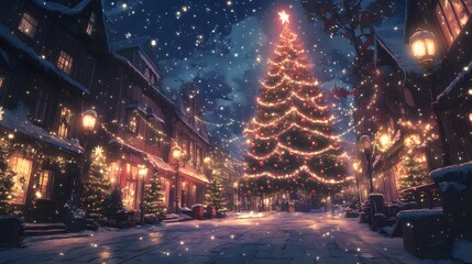 Obraz premium Magical winter evening featuring a festive Christmas tree in a charming village.