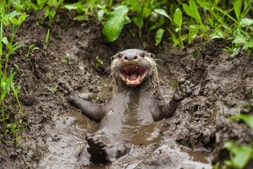 Fototapeta premium A Asian small-clawed otter playfully sliding down muddy riverbanks in the wetlands of Bangladesh.