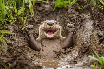 Obraz premium A Asian small-clawed otter playfully sliding down muddy riverbanks in the wetlands of Bangladesh.