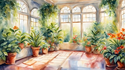 Fototapeta premium Sun-drenched watercolor painting of a sunroom filled with potted plants and large arched windows.