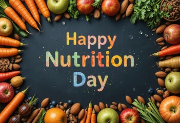 A dark background displays the words Happy Nutrition Day surrounded by a frame of various fresh fruits, vegetables, and nuts.