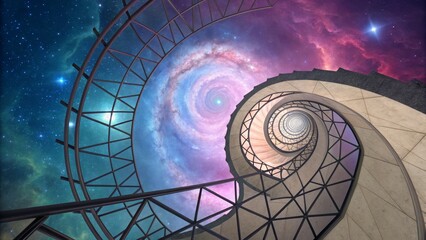 Obraz premium Spiral Staircase to the Cosmos A Surreal Composition of Architecture and Nebula, Digital Art, Galaxy Surrealism, Space Art