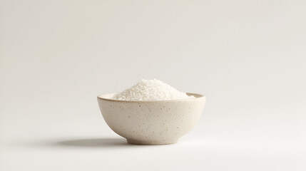 A small bowl of uncooked rice sits on a white background. Simple and minimalist food photography.