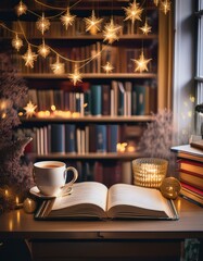 Generated image A cozy study book featuring fairy lights, bookshelves, and a steaming mug of tea 